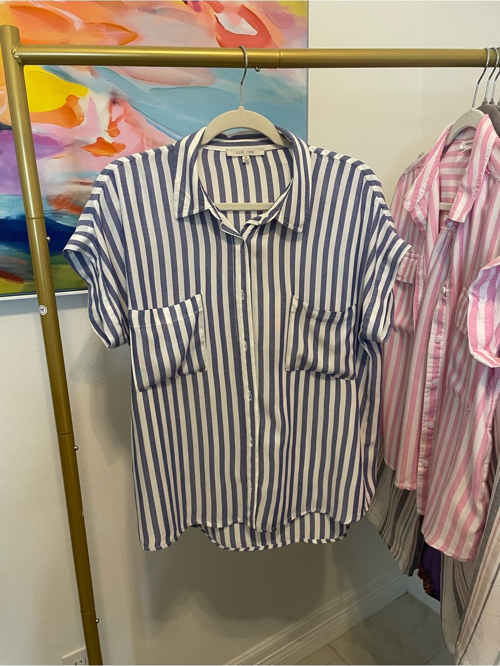 Love‎ Tree Striped Blue White Womens Button Soft Medium Beach Travel classy